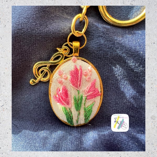 Hand embroidered Keychain, floral embroidered, Tulip needlework, golden look, wi