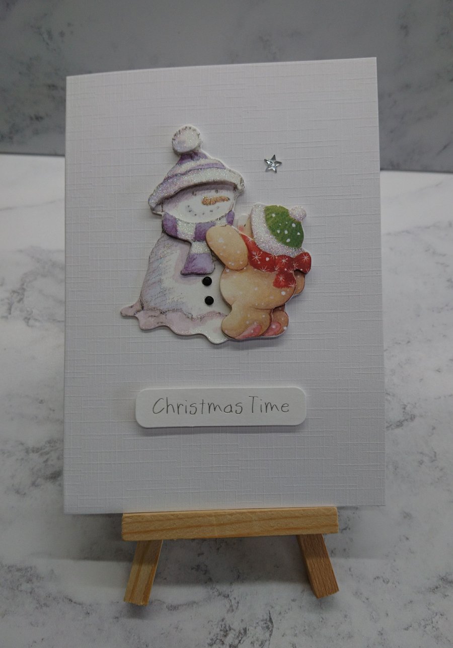 Handmade Christmas Card Christmas Time Teddy Bear Snowman on Linen