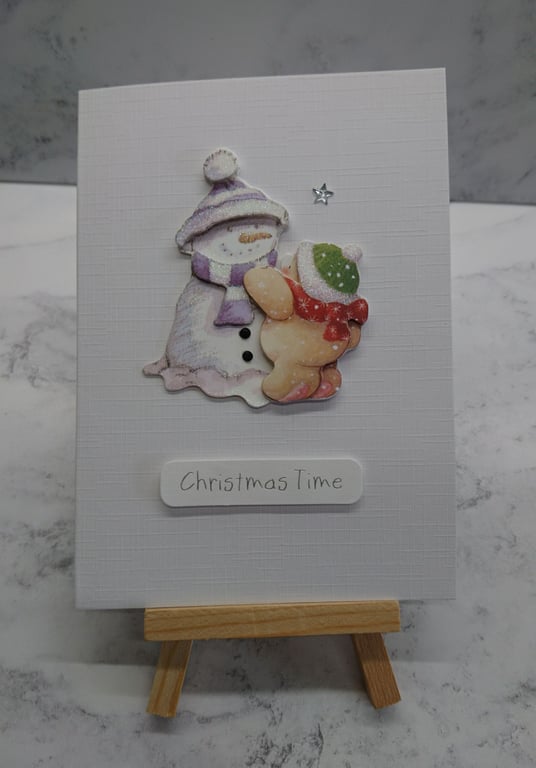 Handmade Christmas Card Christmas Time Teddy Bear Snowman on Linen