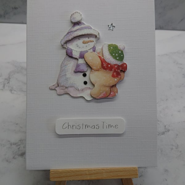 Handmade Christmas Card Christmas Time Teddy Bear Snowman on Linen