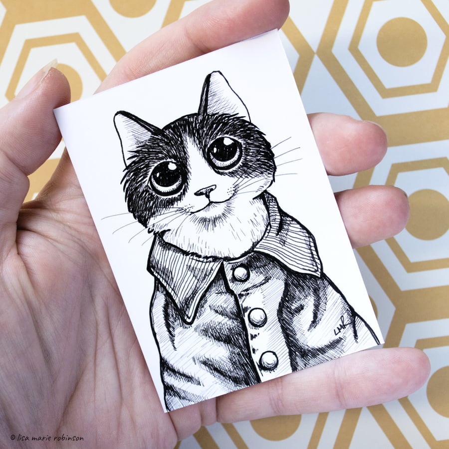 Tuxedo Cat wearing a Coat - Inktober 2019 - Day 27 - Ink Drawing Pen Art