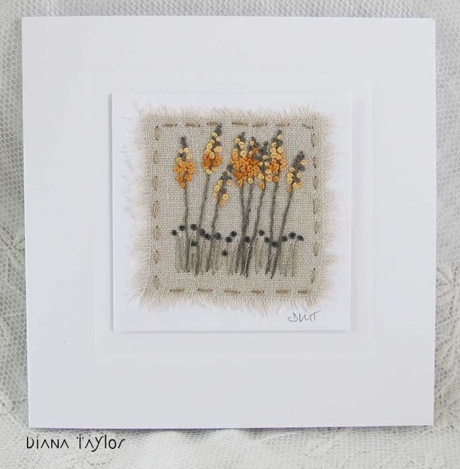 HAND EMBROIDERED LINEN GREETINGS CARD FLORAL
