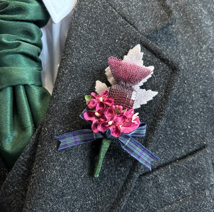 Handmade Buttonhole with a knitted wire thistle... Folksy