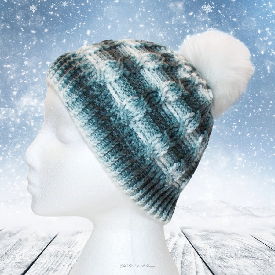 Crochet hat, beanie. Ladies black, grey and white cable pom pom hat. Ladies hat.