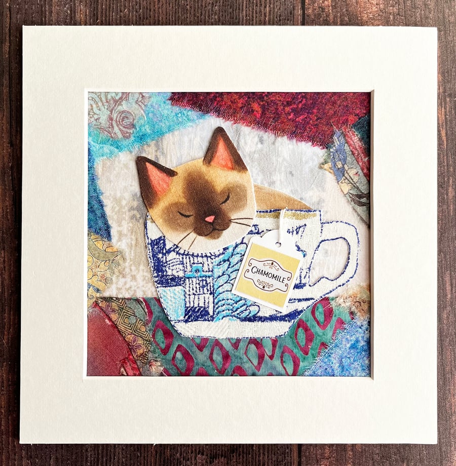 Siamese cat in a cup textile artwork, gift for cat lover, funny cat, collage,