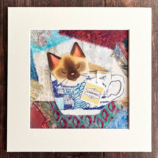 Siamese cat in a cup textile artwork, gift for cat lover, funny cat, collage,