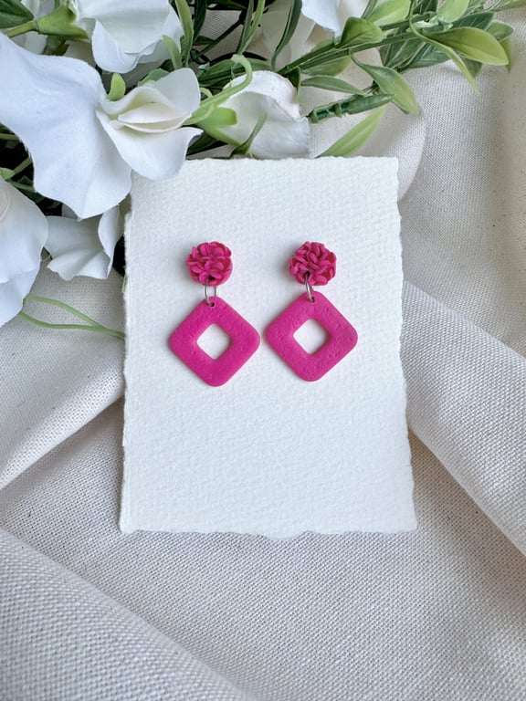 Polymer Clay Fuchsia Pink Earrings - Ruffle Flower Diamond Dangles