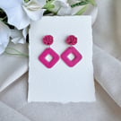 Polymer Clay Fuchsia Pink Earrings - Ruffle Flower Diamond Dangles