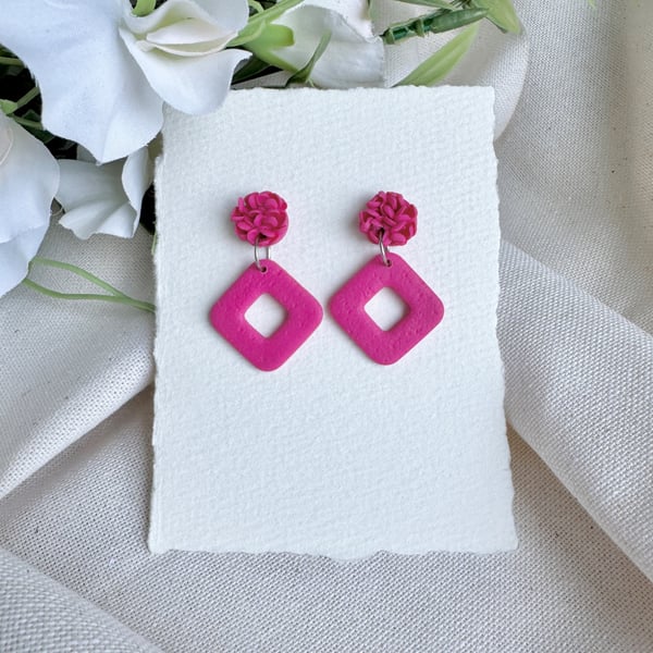 Polymer Clay Fuchsia Pink Earrings - Ruffle Flower Diamond Dangles