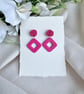 Polymer Clay Fuchsia Pink Earrings - Ruffle Flower Diamond Dangles