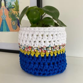 Crochet plant pot cover made with upcycled tshirt yarn - cobalt medium