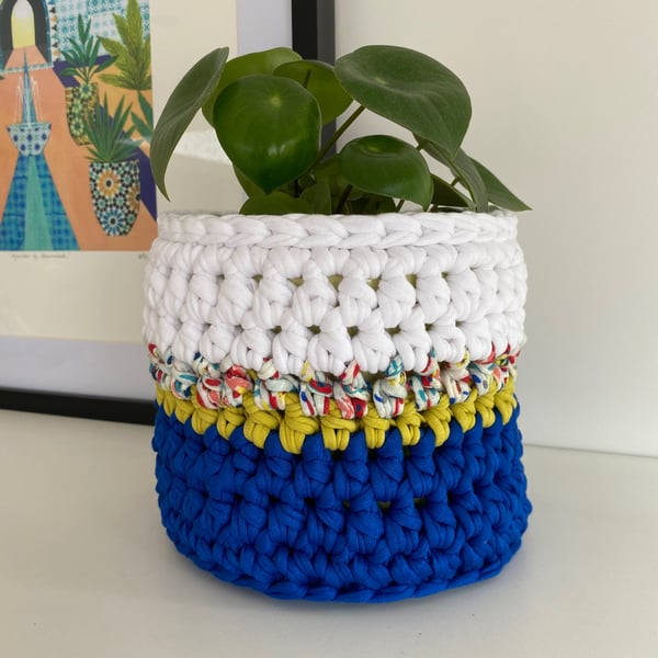 Crochet plant pot cover made with upcycled tshirt yarn - cobalt medium