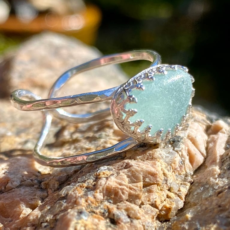 Light Aquamarine Sea Glass and Sterling Silver Ring Size W - 1349