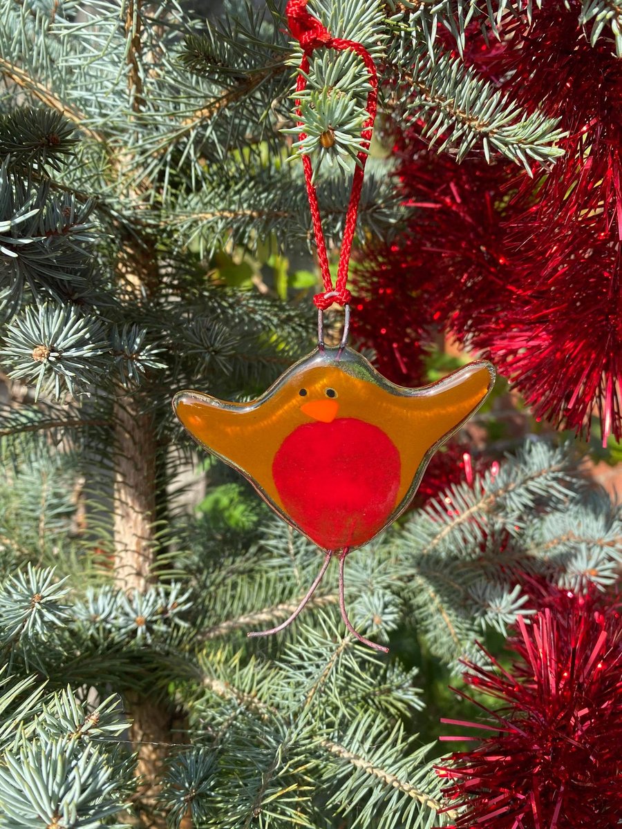 Fused Glass Robin Christmas Hanging Decoration