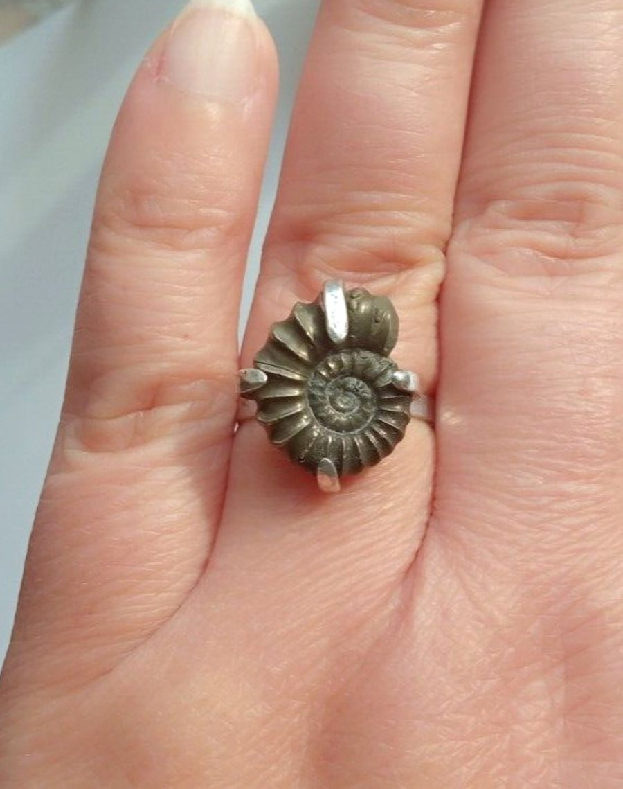Pyrite Ammonite Adjustable Fossil Ring Statement Jewellery Gift Handmade