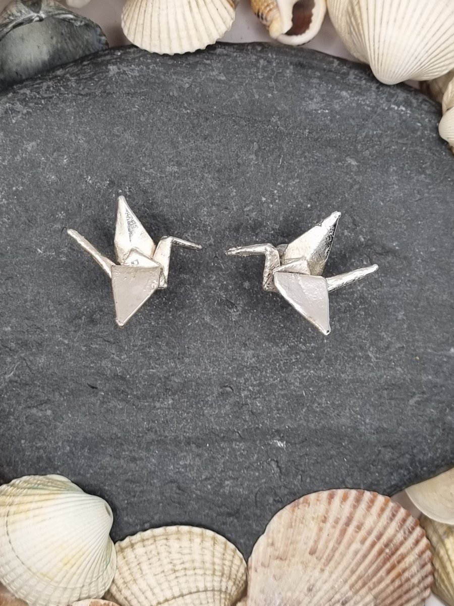 Real Origami cranes preserved in silver, stud earrings