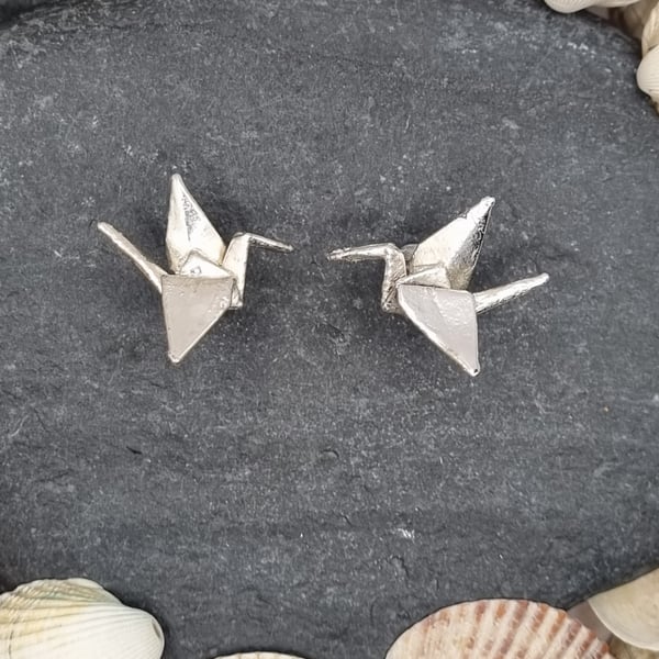 Real Origami cranes preserved in silver, stud earrings