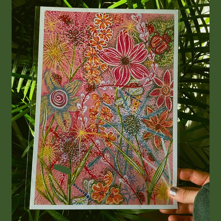 Whimsical Pink Floral A4 Print Detailed Ladybirds Pointillism Artwork 