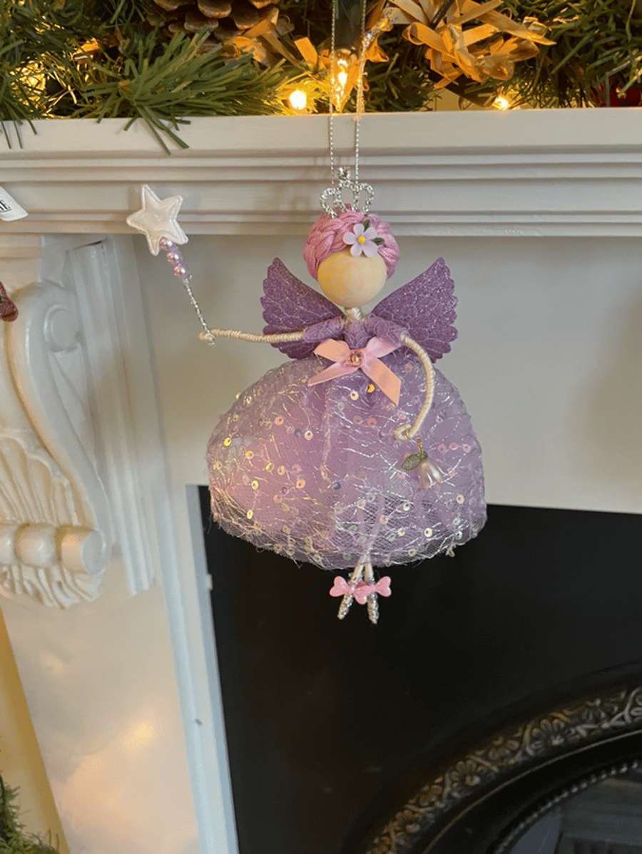 Fairy, Beautiful handcrafted hanging lilac Xmas tree fairy topper, fairy magic