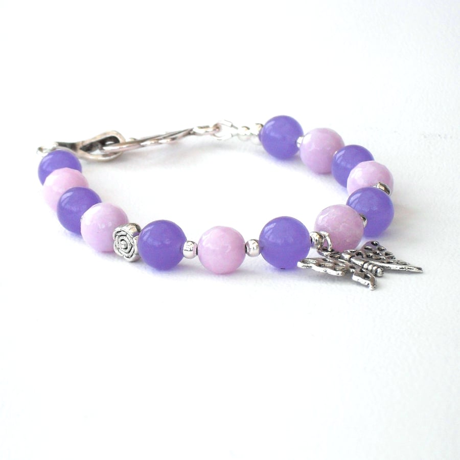 Bracelet, Lavender and purple gemstones with butterfly charm
