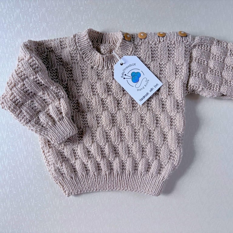 Hand Knitted Merino Jumper, Shoulder Opening, Light Beige, Very Soft and Cosy