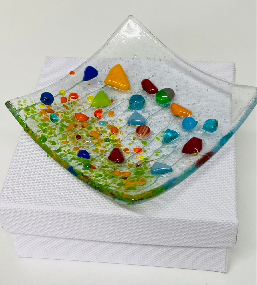 Fused glass meadow trinket dish 