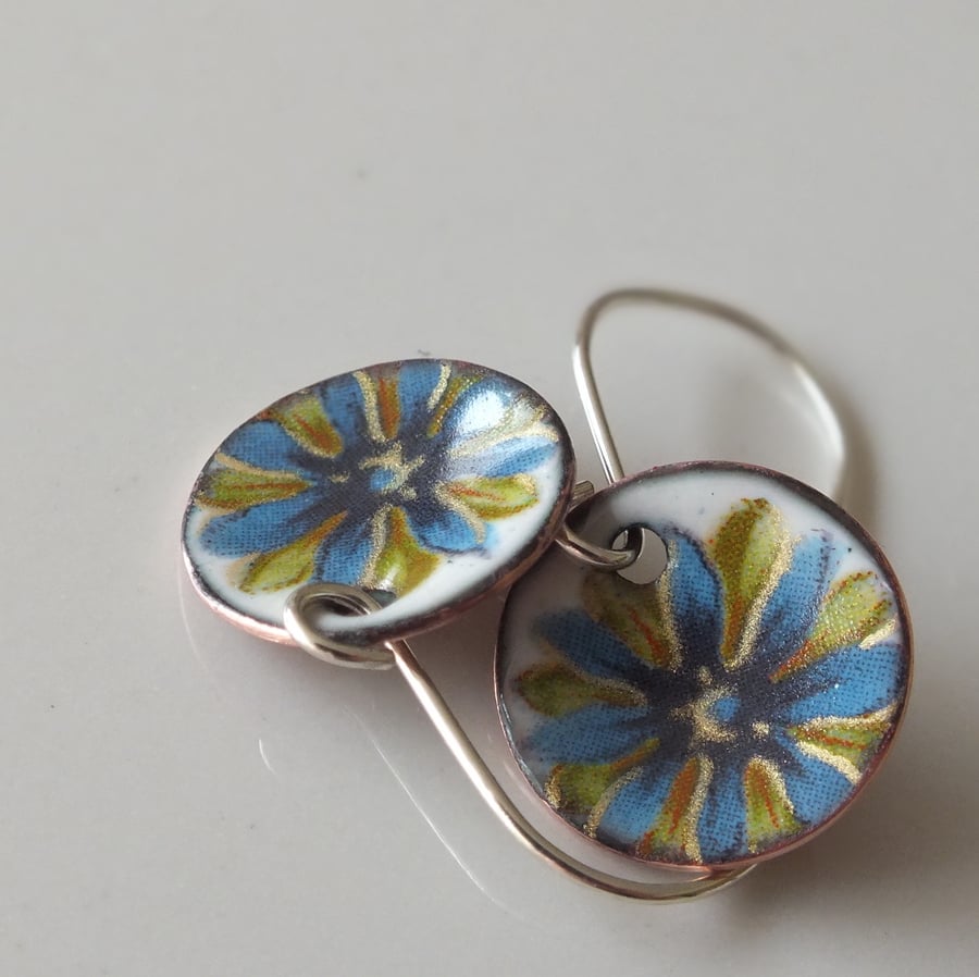 Green and blue flowers - enamel earrings