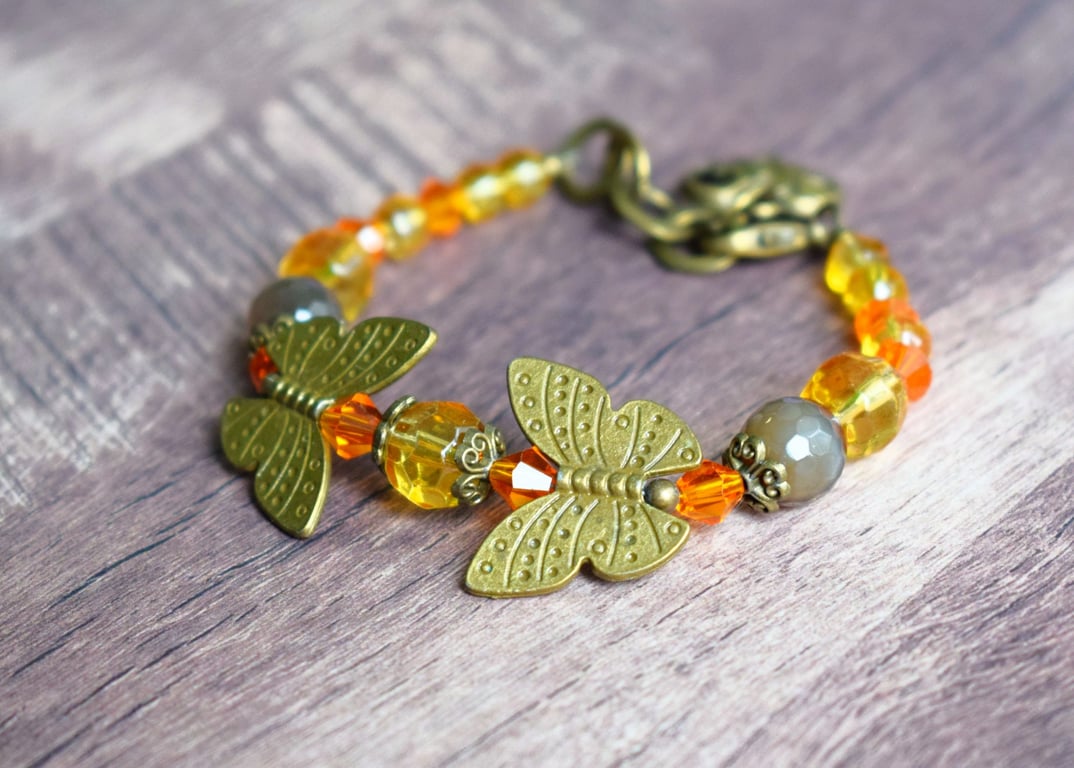 Bronze Butterfly Bracelet with Agate and Glass Beads