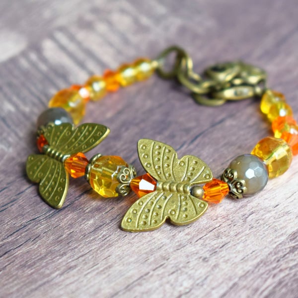 Bronze Butterfly Bracelet with Agate and Glass Beads