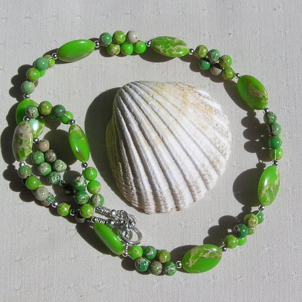 Green Sea Sediment Jasper Crystal Gemstone Beaded Necklace "Valencia"