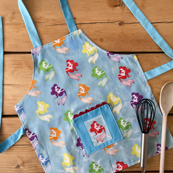 Handmade Children's Apron, Small Apron, Coloured Mermaids Design 1-3 yrs-CAPR21