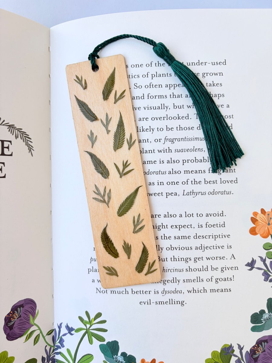 Handmade Pressed Foliage Bookmark, Real Garden Leaves on Wood
