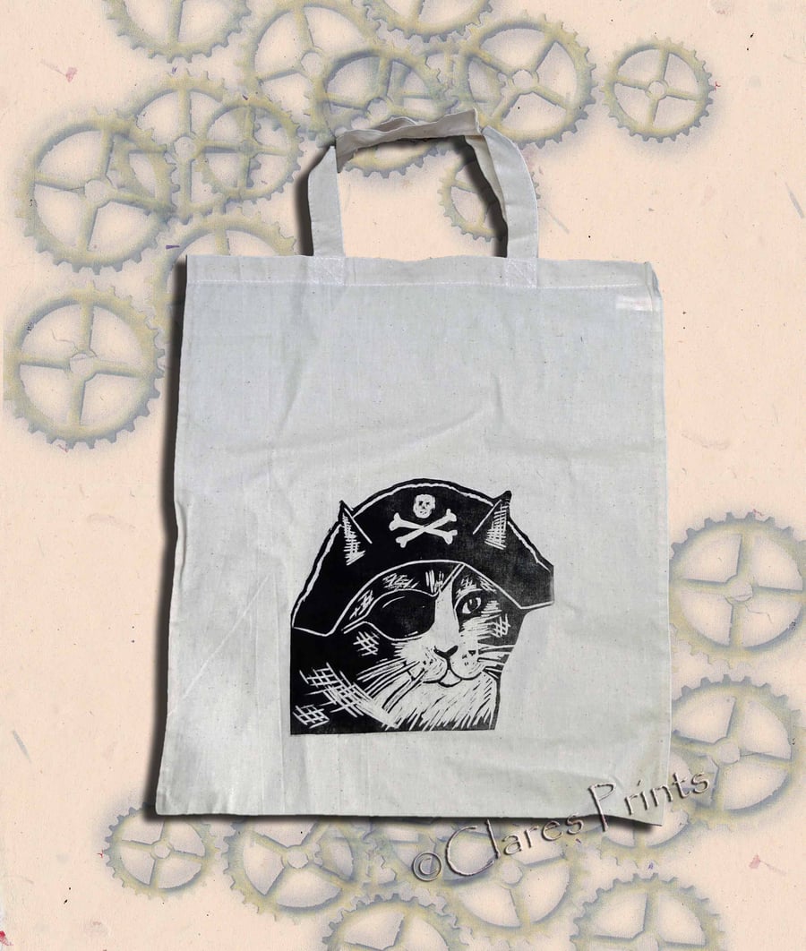 Pirate Cat Tote Bag Animal Linocut Hand Printed Cream Shopping Bag