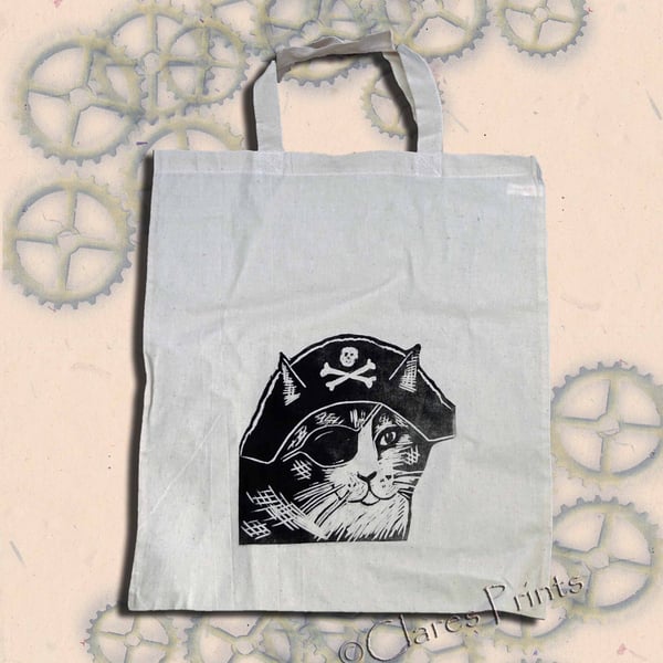 Pirate Cat Tote Bag Animal Linocut Hand Printed Cream Shopping Bag