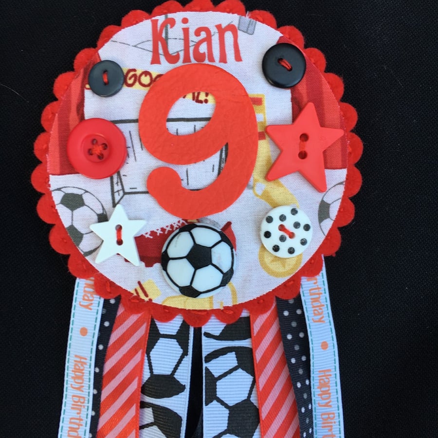 Birthday badge-Rosette Personalised - Red football design