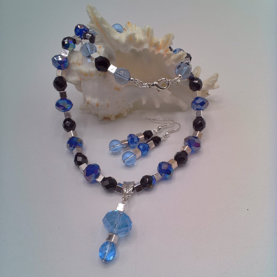 Blue and Black Crystal and Silver Cube Bead Necklace and Earrings Gift for Her