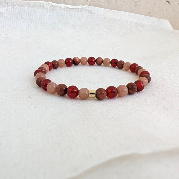 Sacral chakra stretch gemstone bracelet with carnelian, sunstone and goldstone