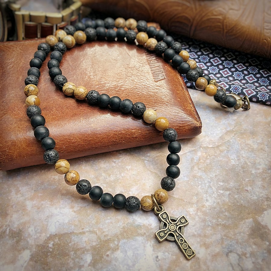 Men's Celtic Cross Pendant Necklace, Brown Bead Necklace, Black Stone  Necklace