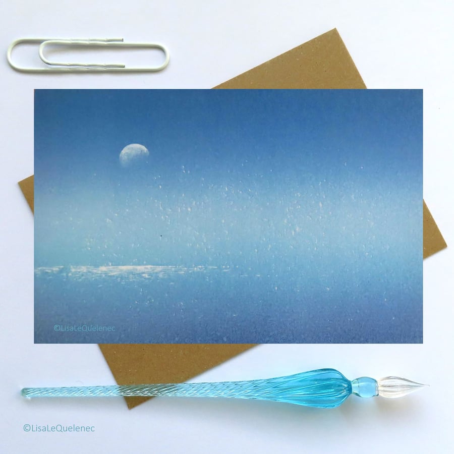  moon over the sea blank greeting card, notelet, notecard, cellophane free