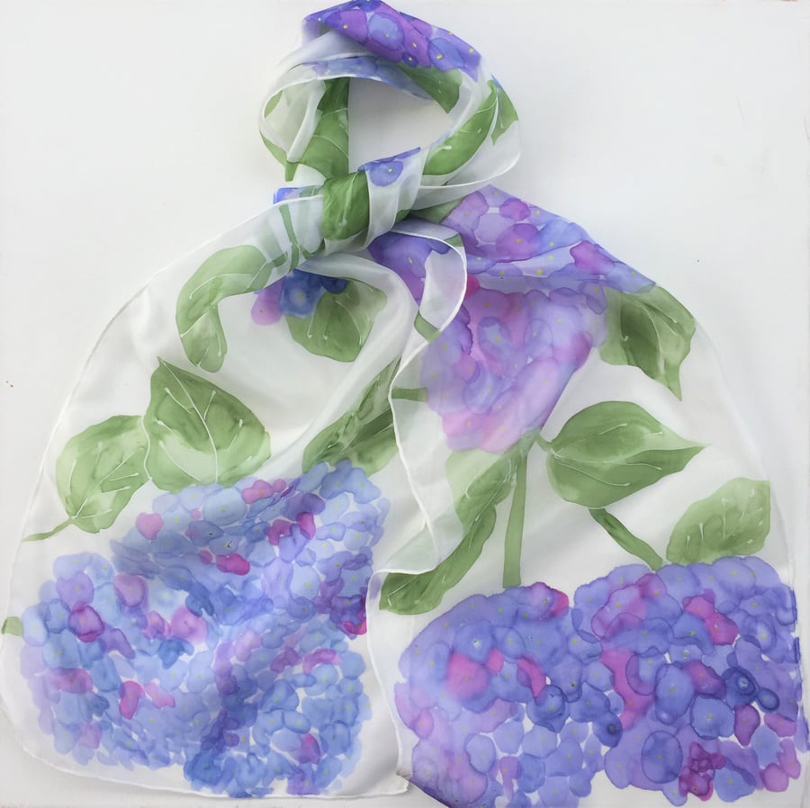 Hydrangeas hand painted  silk scarf