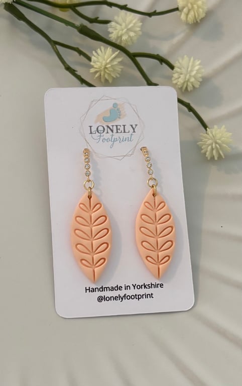 Orange Polymer Clay Earrings, Leaf Design, Lightweight Handmade Earrings 
