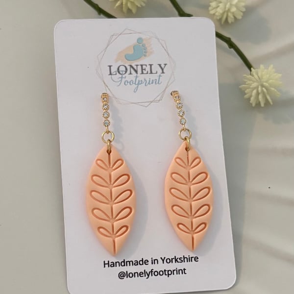 Orange Polymer Clay Earrings, Leaf Design, Lightweight Handmade Earrings 