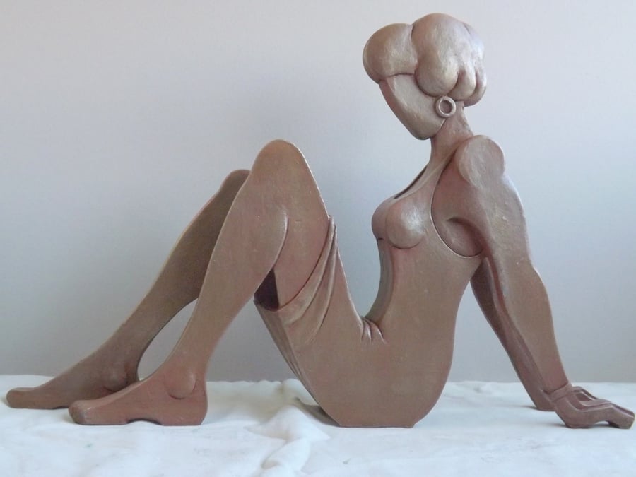 'Sitting Pretty' Stylized Female Bronze Resin Sculpture Domestic Size Statue