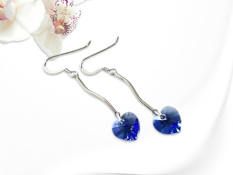 Sapphire Blue Premium Crystal Heart Earrings With Solid Sterling Silver Bars