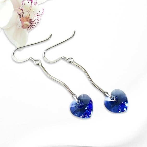 Sapphire Blue Premium Crystal Heart Earrings With Solid Sterling Silver Bars