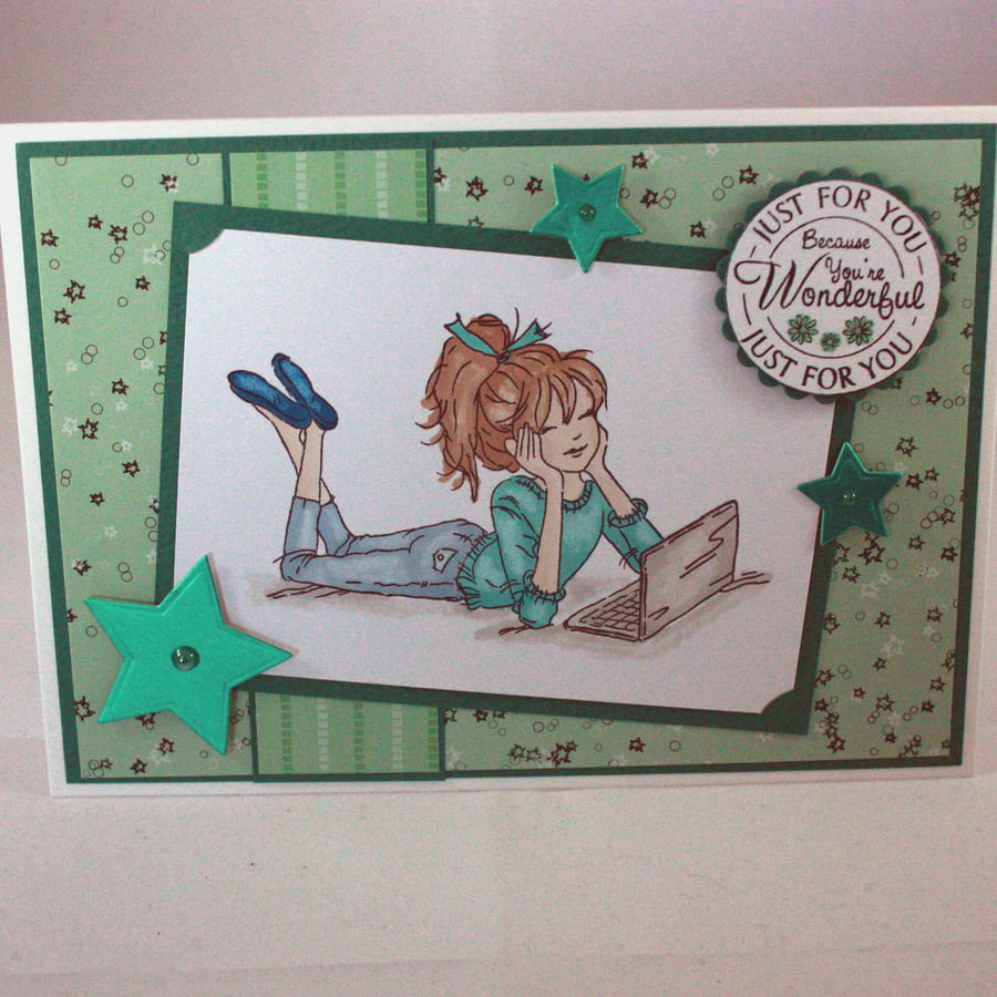 Handmade any occasion card - Just for you, teenager with laptop