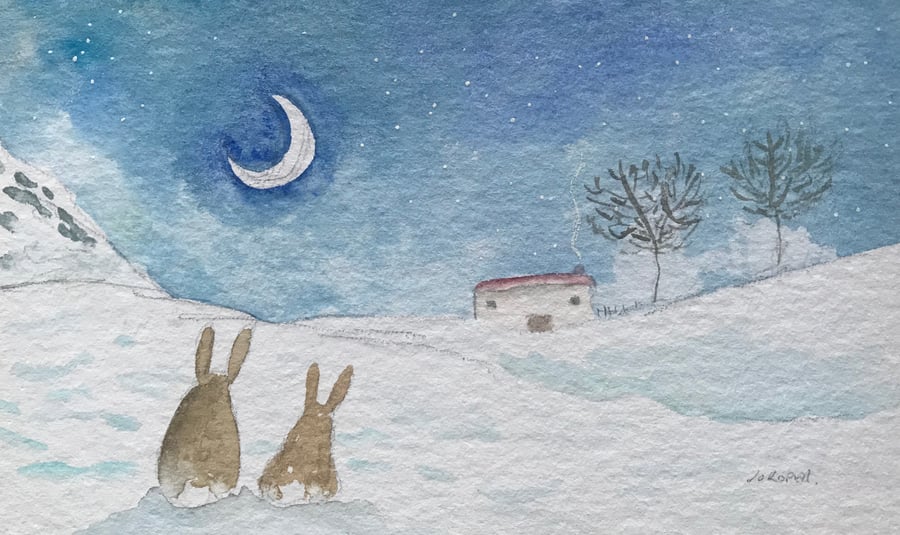 Original Painting Snow Day Bunnies by Jo Roper