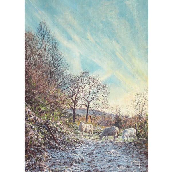 Snowy Sheep Christmas Card- Winter Welsh Landscape- 5x7 Seasonal Greetings Card