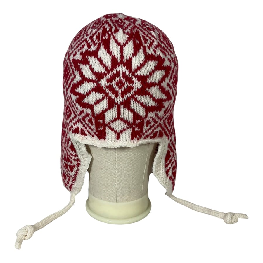 red and white earflap hat, hand knit stranded chullo hat, Andean wool unisex,