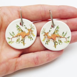 Handmade Leafy Seadragon Ceramic Earrings with Silver Coloured Ear Wires